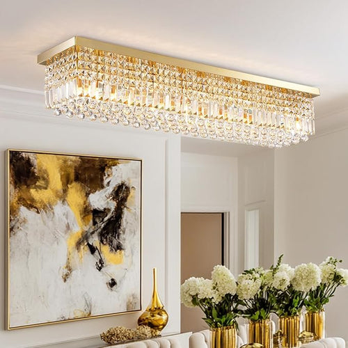 10 Lights Gold Flush Mount Rectangle Chandelier, Modern K9 Crystal Chandeliers Light Fixture Rectangular Raindrop Chandelier Pendant Island Light for Living Dining Room Kitchen Bar L47 Inch-Ruum Studio Home