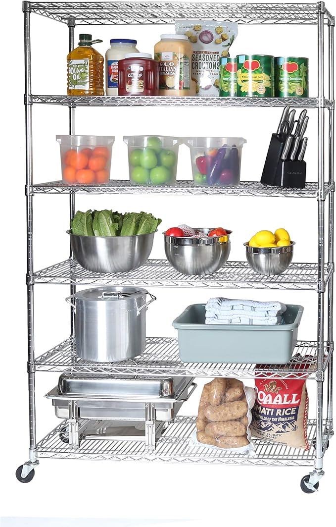 Seville Classics UltraDurable Heavy Duty NSF Solid Steel Wire Rack Storage Unit Wheels, 6-Tier Shelving, 48" W x 18" D-Ruum Studio Home