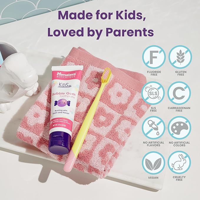 Himalaya Botanique Kids Toothpaste, Herbal, Bubble Gum Flavor, Fights Plaque, Fluoride Free, Gentle, No Artificial Flavors or Colors, SLS Free, Gluten Free, Cruelty Free, Vegan, Foaming, 4 Oz, 2 Pack-Ruum Studio Home