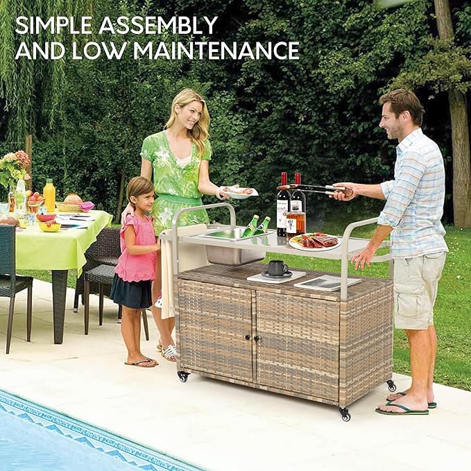 Wicker Outdoor Bar Cart with Ice Bucket, Patio Bar Table with 2 Ratten Doors Cabinet and Casters for Grill, Kitchen and Garden,Beige-Ruum Studio Home