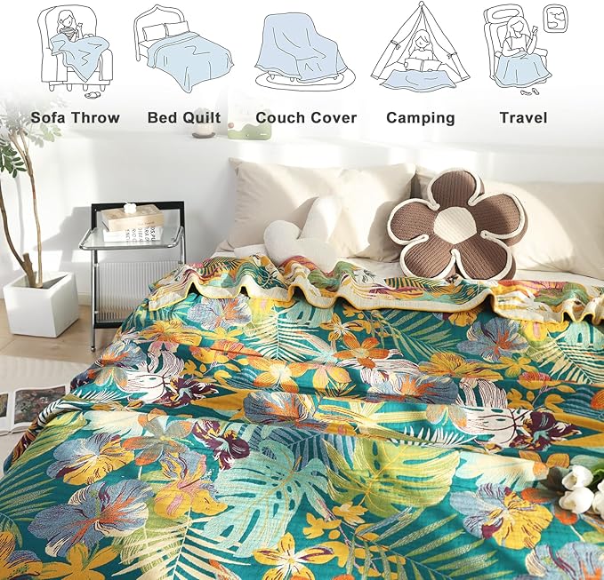 MSGKV Boho Throw Blanket for Couch and Sofa Cotton Blankets for Living Room Bedroom Reversable Florals Throw 60"x80" Breathable Cozy Blankets-Ruum Studio Home
