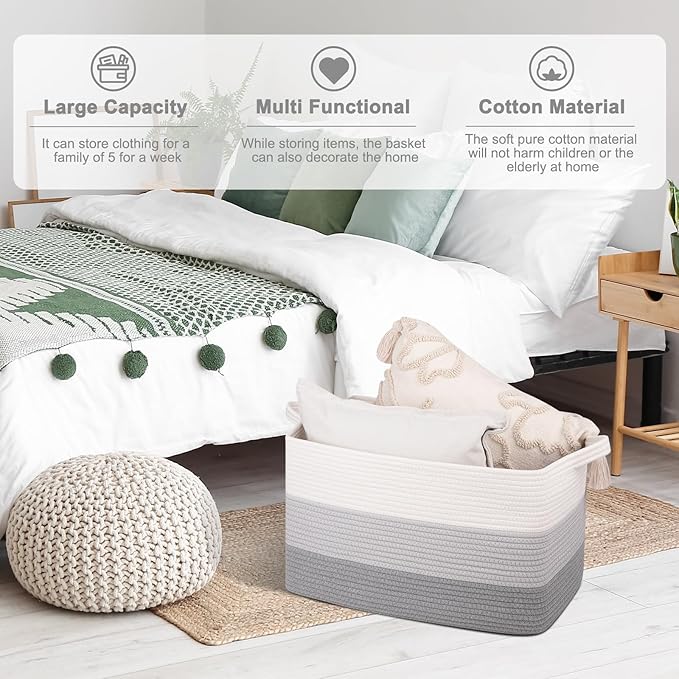 OIAHOMY Rectangle Woven Storage Basket - Nursery Cotton Rope Baskets for Storage, Toy Basket Organizing for Living Room, 17.7"x13.8"x11"- Pack of 3 - Gradient Gray-Ruum Studio Home
