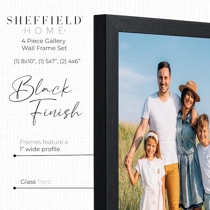 Sheffield Home 4 Piece Gallery Wall Frame Set, 8x10 Inch, 5x7 Inch, and 4x6 Inch, Black-Ruum Studio Home