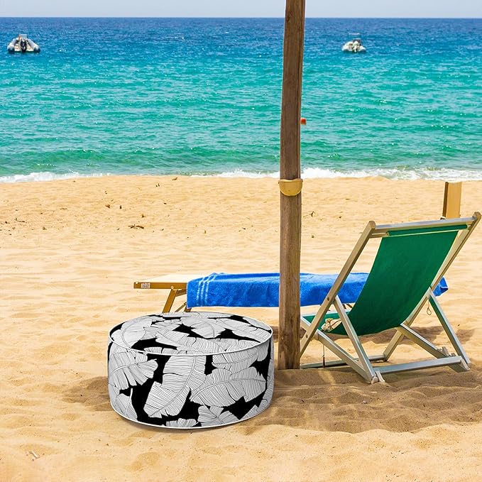 Inflatable Ottoman Stool D21 xH9 for Outdoor/Indoor Use, Water Repellent Patio Foot Rest Stool with Portable Handle,Round Pouf Ottoman Suitable for Garden,Deck and Camping - Black Leaves-Ruum Studio Home