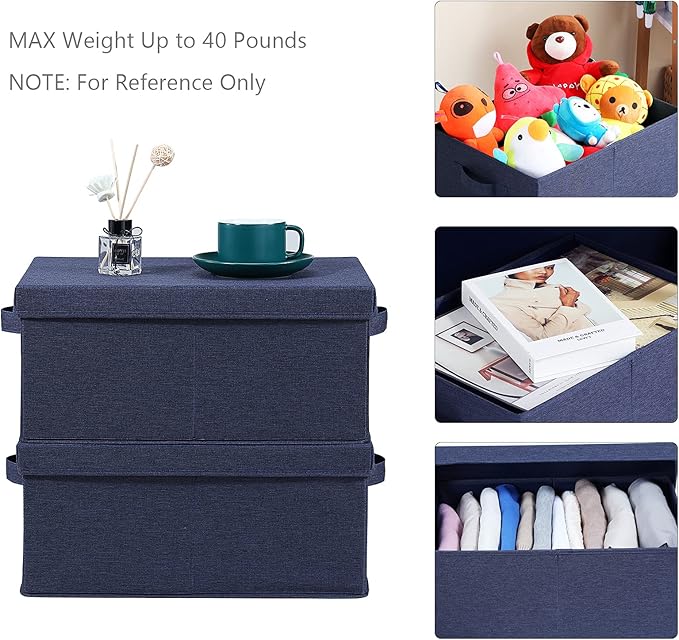 HOONEX Foldable Storage Bins with Lids, Pack of 2, Storage Boxes with 2 Carrying Handles and Heavy Cardboard, 16.5" L x 11.8" W x 7.5" H for Shoes, Clothes, Blue-Ruum Studio Home