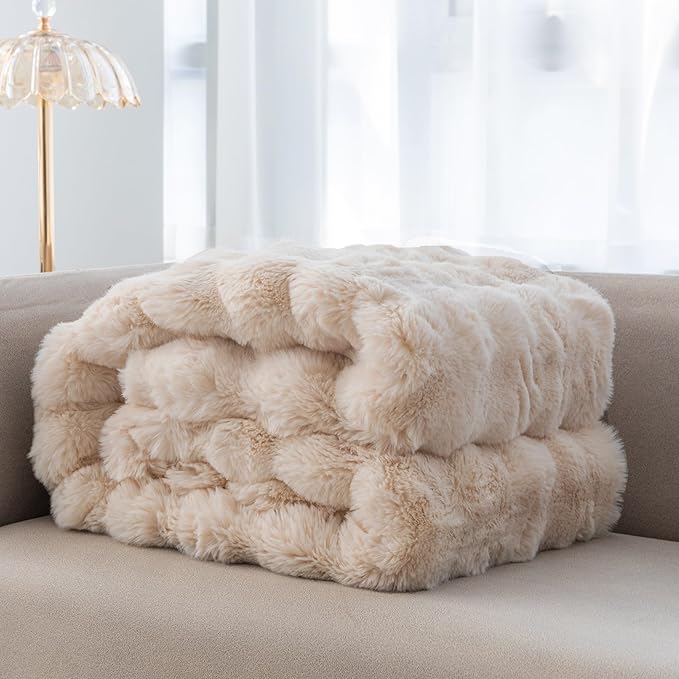 RYNGHIPY Faux Fur Blanket Fluffy Warm Throw Blanket for Sofa Couch Decorative Bed Blanket for Bedroom Living Room Bubble Blanket (Camel, 63''x79'')-Ruum Studio Home