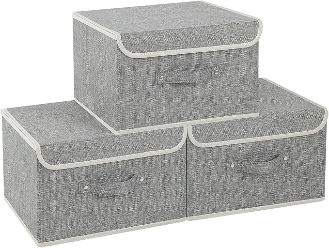 Fabric Storage Bins Cube Organizers with Flip-Top Lid and Handles,Storage Boxes for Organizing Home,Office,and Closet,Grey,3 Pack 13 X 9.1 X 7.9 in-Ruum Studio Home