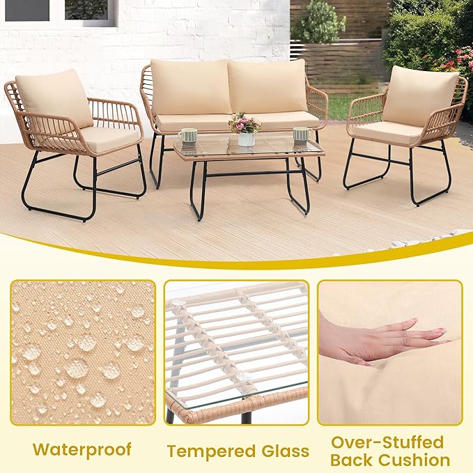 Kromax 4 Piece Patio Bistro Outdoor Furniture Set, Wicker Sofa, 2 Rattan Chairs, and Table, Backyard Conversation Set, All Weather Cushions, Natural Rattan Beige Cushion-Ruum Studio Home