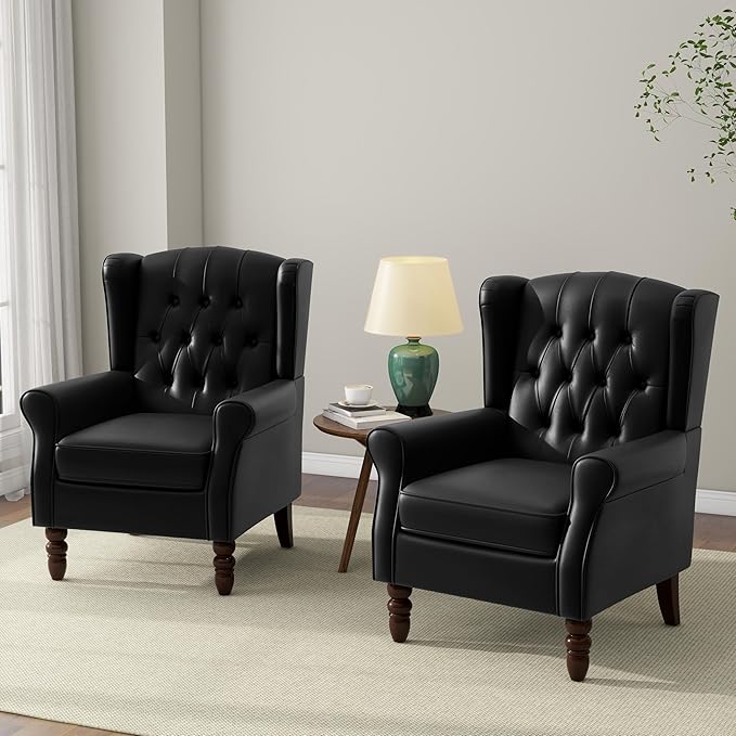 Accent Chair, Upholstered Armchair with Button Tufted High Back & Solid Wood Legs, Comfy Wingback Reading Single Sofa Chair for Small Spaces, Living Room, Bedroom (Leather Black, Set of 1)-Ruum Studio Home