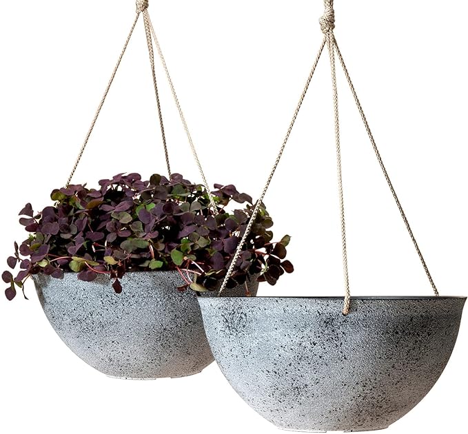 LA JOLIE MUSE Large Hanging Planters for Outdoor Plants - 13 Inch Hanging Flower Pots with Drainage Holes, Set of 2, Rock Grey-Ruum Studio Home