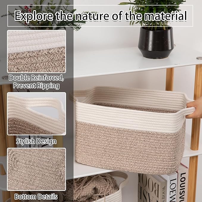 OIAHOMY 3 Pack Storage Baskets for Organizing, 13''X9.85''X8.7'' Storage Bins,Woven Basket with Handles, Toy Storage Bin,Stylish Room Decor Basket, white & Brown variegated-Ruum Studio Home