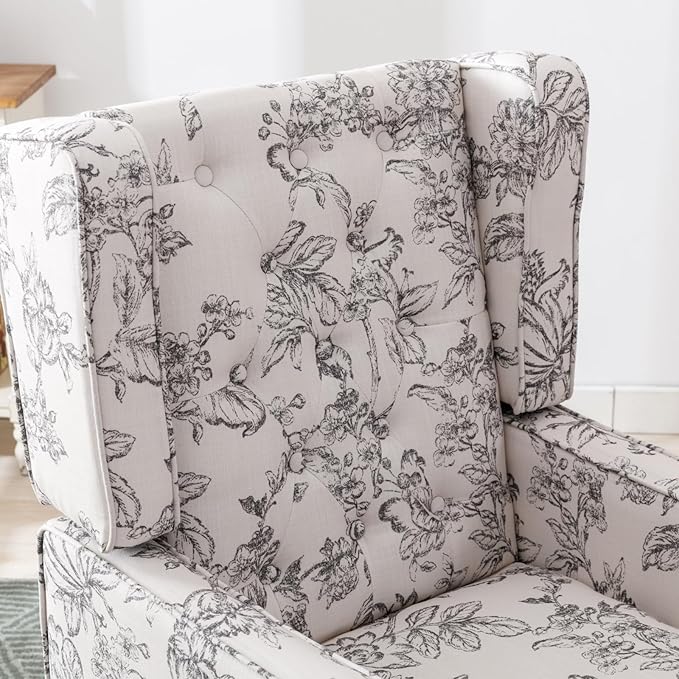 Mid-Century Accent Chair, Upholstered Arm Chair Linen Fabric Side Chair with High Back Solid Wooden Legs, Comfy Reading Chair for Living Room Bedroom, Floral Pattern-Ruum Studio Home