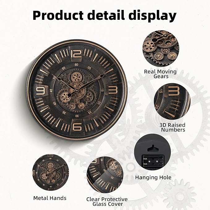 Maxstar Large Vintage Moving Gear Wall Clock, 20''Battery Operated Industrial Steampunk Metal Decor for Living Room, Office,Fireplace, Farmhouse(Arabic Number-Bronze)-Ruum Studio Home