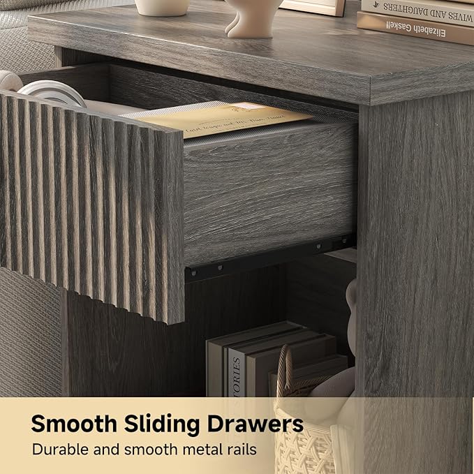 Fluted Nightstand Set of 2, 22.8" Wide Nightstands with Drawer Storage Large Wood BedsideTable Night Stands for Bedroom, Grey Oak-Ruum Studio Home