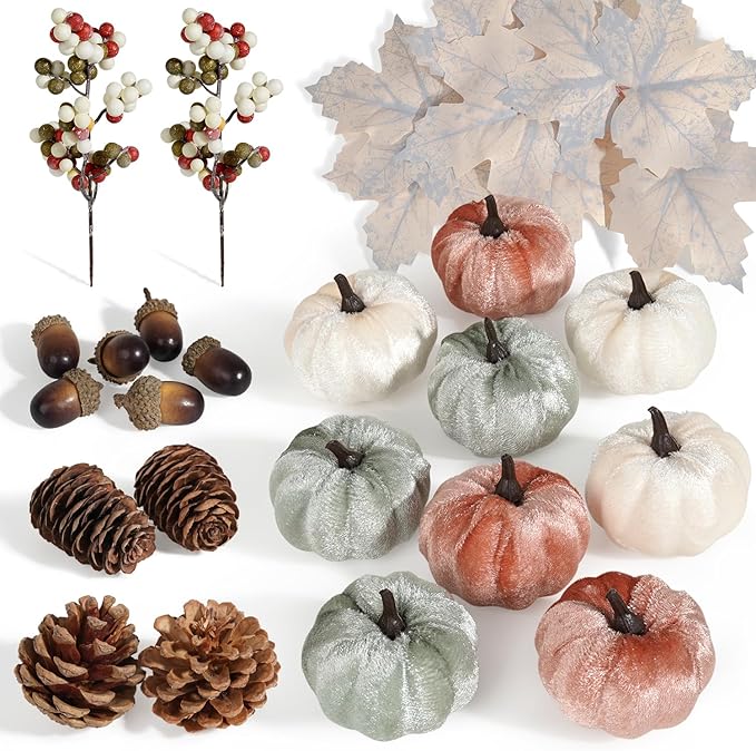 Artmag 25 PCS Pumpkin Decor Set, Artificial Fabric Pumpkins Decor with Acorns, Pinecones, Berries, Maple Leaves for Fall Halloween Thanksgiving Decorations Home Table-Ruum Studio Home