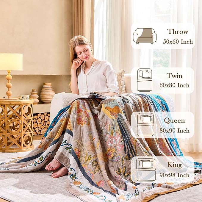 Boho Blanket, 100% Cotton Farmhouse Decorative Throw Blanket, 50"x60" Reversible Bohemian Throw Blanket, Brown All Season Muslin Breathable Woven Blankets Quilt-Ruum Studio Home