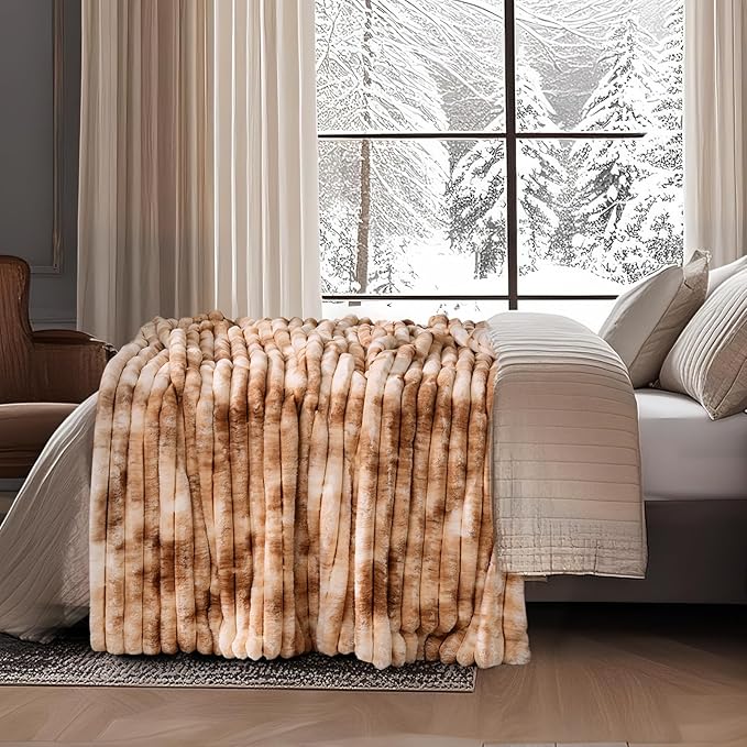 Amélie Home Faux Fur Throw Blanket for Couch, Cozy Fuzzy Fluffy Fur Luxurious Soft Striped Plush Gift Blankets for Family Sofa Chair Bed Living Room Bedroom, 55"x70", Tie-dye Khaki-Ruum Studio Home
