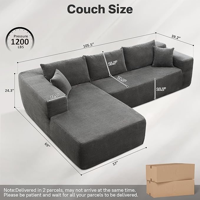 104" Cloud Sectional Couches for Living Room,L Shaped Boneless Couch in A Box,Sleeper Sofa with Comfy Chaise No Assembly Required,Grey-Ruum Studio Home