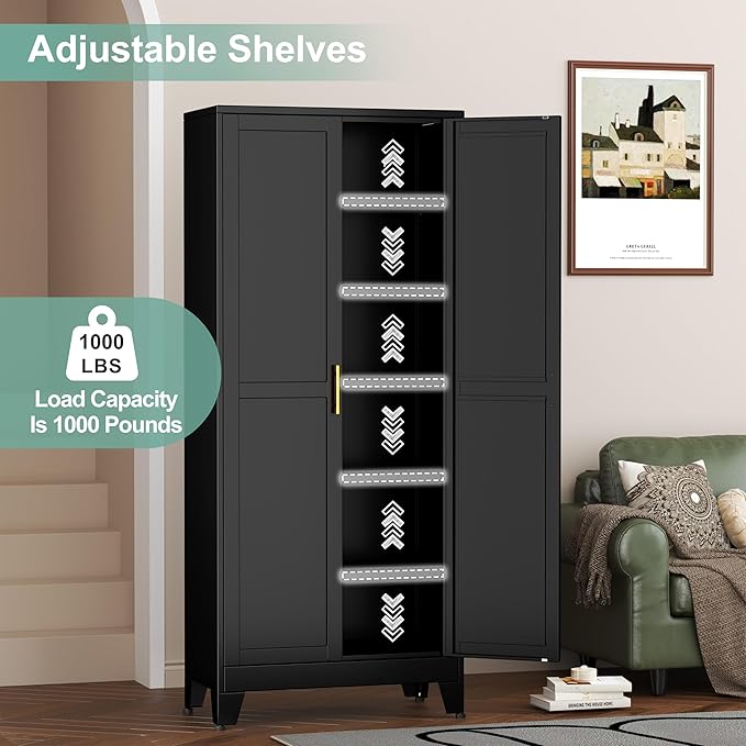 Metal Pantry Cabinet with 2 Doors and 5 Adjustable Shelves, 75" Kitchen Storage cabinets with Gold Handles, Versatile Storage for Laundry Room, Living Room, Bathroom, Dinning Room, Utility Room-Black-Ruum Studio Home