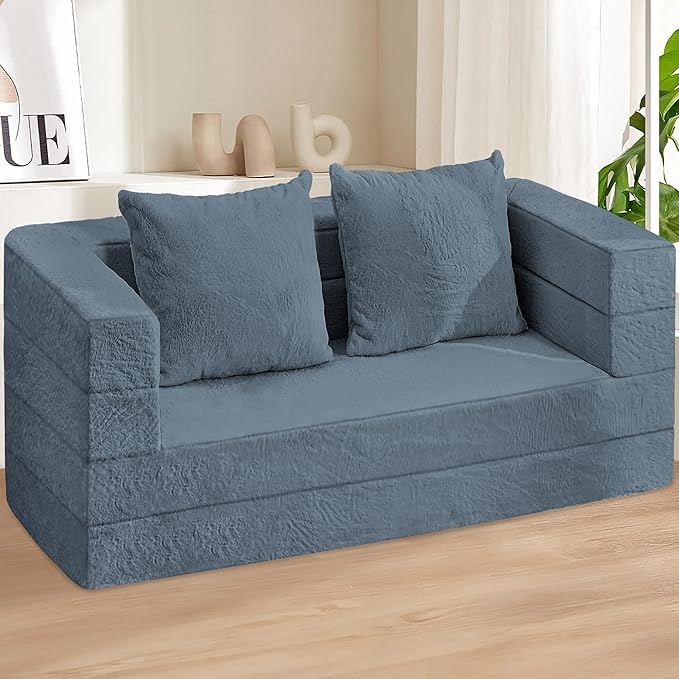 Folding Bean Bag Chair for Adults,3-in-1 Bean Bag Couch Faux Fur Floor Sofa Large Beanbag Convertible Bean Bag Sofa Bed with Pillow in Bedroom,Living Room,Apartment(Queen,Gray)-Ruum Studio Home
