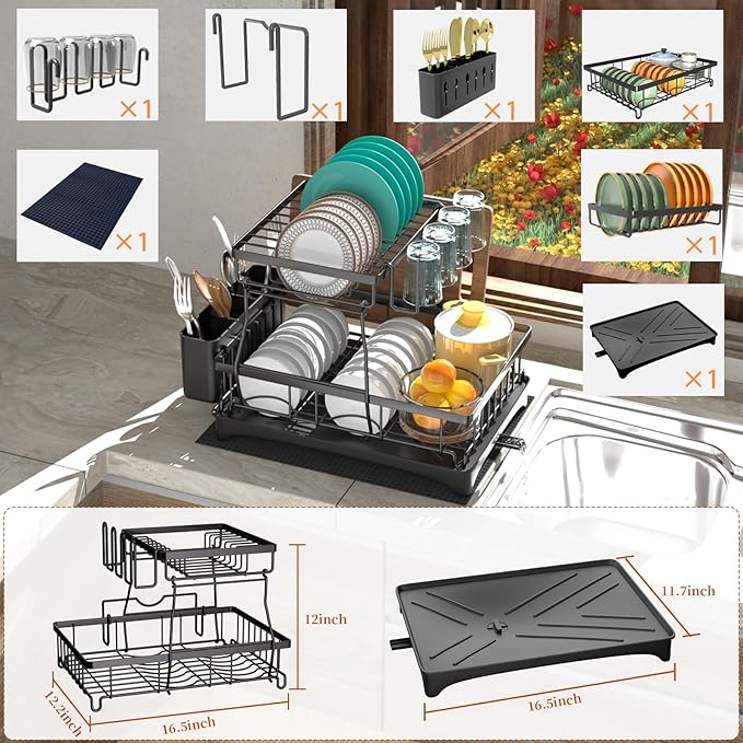 Godboat Dish Drying Rack, 2-Tier Dish Rack with Auto-Drain & Mat, Dish Racks for Kitchen Counter, Dish Drainer with Knife, Fork & Cup Rack, Gifts for Women, Mothers Day, Cool Stuff & Kitchen Gadgets-Ruum Studio Home