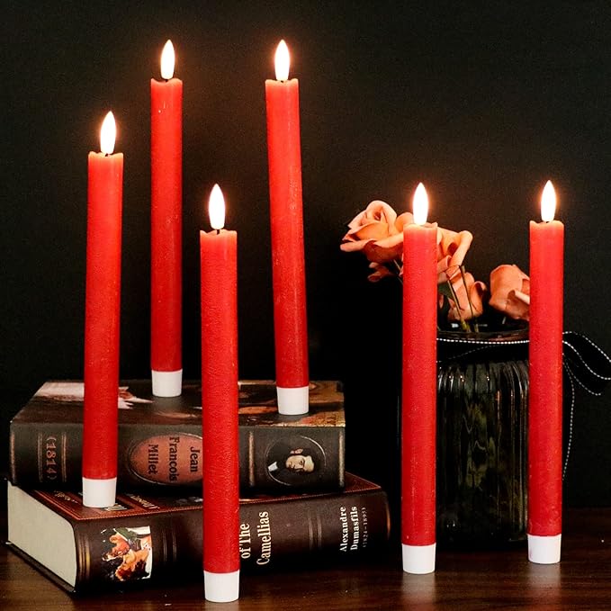 GenSwin Flameless Red Taper Candles Flickering with 10-Key Remote, Battery Operated Led Warm 3D Wick Light Window Candles Real Wax Pack of 6, Christmas Home Wedding Decor(0.78 X 9.64 Inch)-Ruum Studio Home
