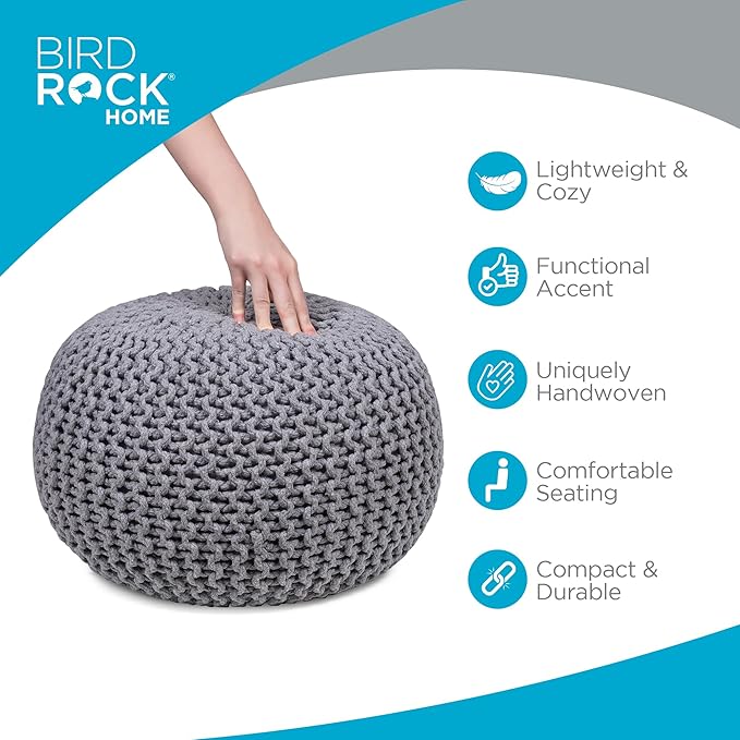 BIRDROCK HOME Round Pouf Ottoman | Cotton Braided Foot Stool with Bean Bag Filling | Boho Foot Rest for Living Room & Bedroom | Compact & Comfortable Seating, Lightweight & Soft | Light Grey-Ruum Studio Home