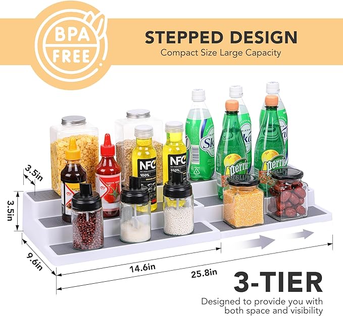 3 Tier Expandable Spice Rack Organizer, Plastic Spice Rack, Adjustable Length 14.6In-25.8In, Non-Skid Tiered Spice Shelf Organizer for Kitchen Cabinet, Cupboard, Pantry, White/Grey-Ruum Studio Home