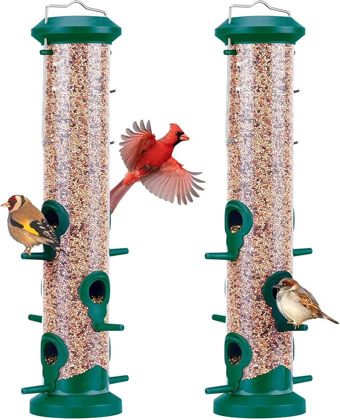 Kingsyard 2 Pack Tube Bird Feeders for Outdoors Hanging, Premium Hard Plastic Bird Feeder with 6 Feeding Ports, Weatherproof & Steel Hanger, Attracting for Wild Birds (Green)-Ruum Studio Home