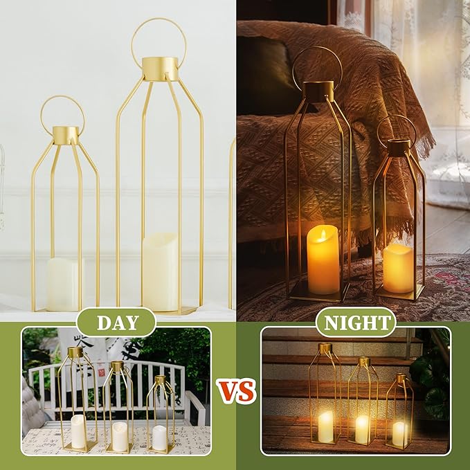 HPC Decor Modern Farmhouse Lantern - 22'' 19'' Large Tall Gold Metal Candle Lanterns with Timer Flickering Candles for Living Room, Outdoor, Fireplace Mantle Decor-Ruum Studio Home