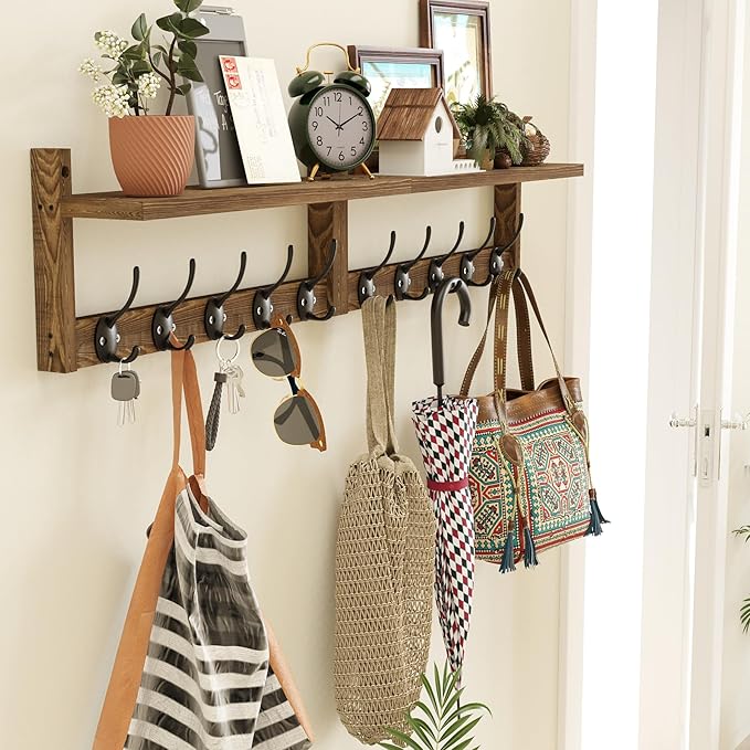 AMBIRD 34.2 inch Wooden Extra-Long Wall Hook Rack with Shelf - Versatile and Decorative Wall-Mounted Storage - 10 Hooks for Hanging Coats, Hats, Scarves - Ideal for Entryways, Bedrooms, Closets-Ruum Studio Home