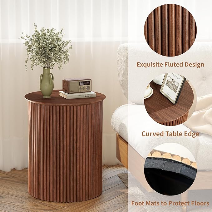 AVZEAR Small Round Side Table Fluted Night Stand Set of 2, 17.7" Mid Century Modern End Table, Circle Bedside Tables Wood Nightstands for Small Spaces, Living Room, Bedroom (Rustic Walnut)-Ruum Studio Home