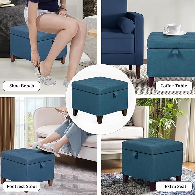 Adeco Square Fabric Storage Ottoman with Tufted Flip Top, 18x18x15-Ruum Studio Home