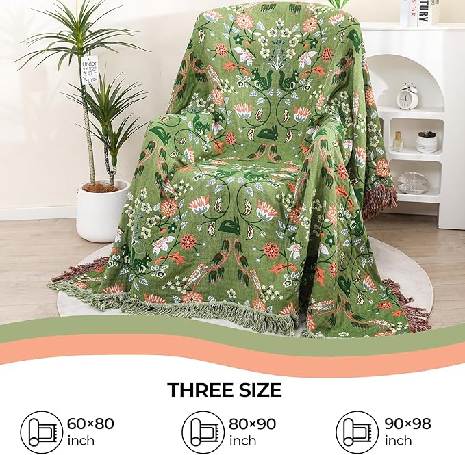 Boho Throw Blanket for Bed, 100% Cotton Ultra Soft Rustic Quilt King Blanket Florals and Animals Printed Farmhouse Decor Large Bed Blankets,90"×98" All Season Rustic Throw for Sofa Couch Chair-Ruum Studio Home