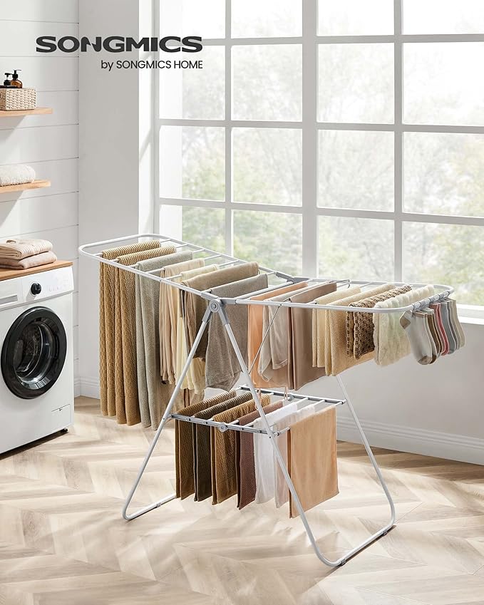SONGMICS Clothes Drying Rack, with Sock Clips, Metal Laundry Rack, Foldable, Space-Saving, Free-Standing Airer, with 2 Height-Adjustable Gullwings, Indoor Outdoor Use, White and Gray ULLR052W02-Ruum Studio Home