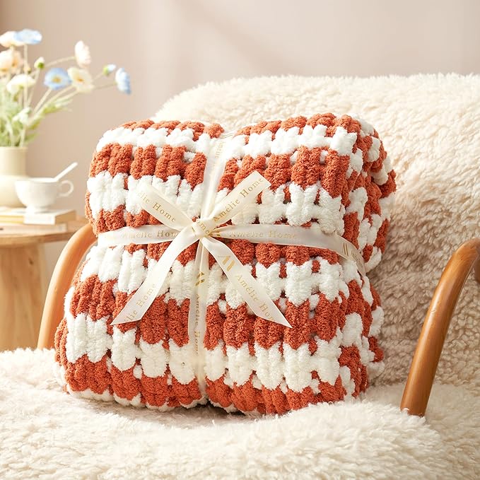 Amélie Home Chunky Knit Throw Blanket for Couch, Soft Chenille Crochet Blanket for Sofa, 50"x60", Burnt Orange & White Striped-Ruum Studio Home