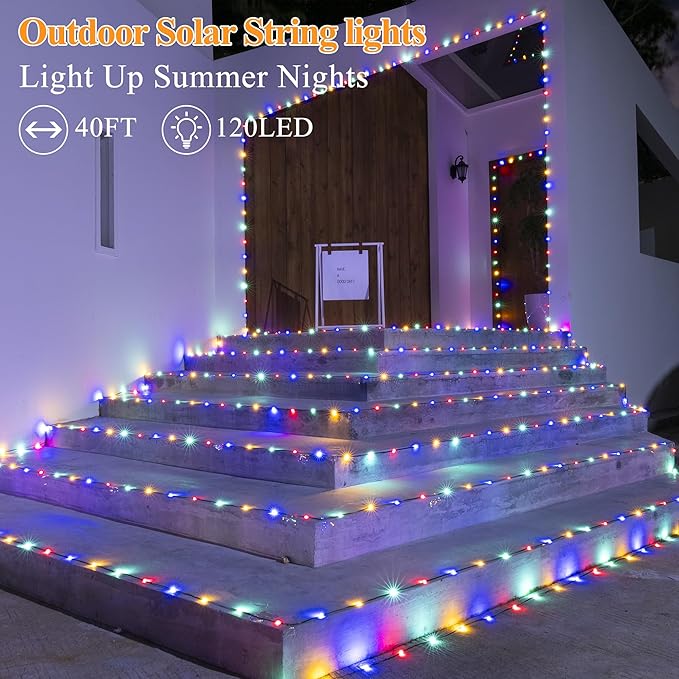 Solar String Lights 120LED 40FT, IP67 Waterproof String Lights for Outside with 8 Lighting Modes, Upgraded Solar Panel Fairy Lights for Garden Party Wedding Decorations (Multicolor)-Ruum Studio Home