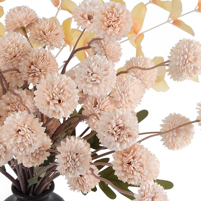 Faux Beige Kiku Flowers 10 Stems & 2 Eucalyptus, Fake Mums Pompon Flower Ball, Autumn Artificial Chrysanthemums Flowers for Boho Bedroom Decor, Silk Mini Faux Kiku Flower Wedding Arrangements Decor-Ruum Studio Home