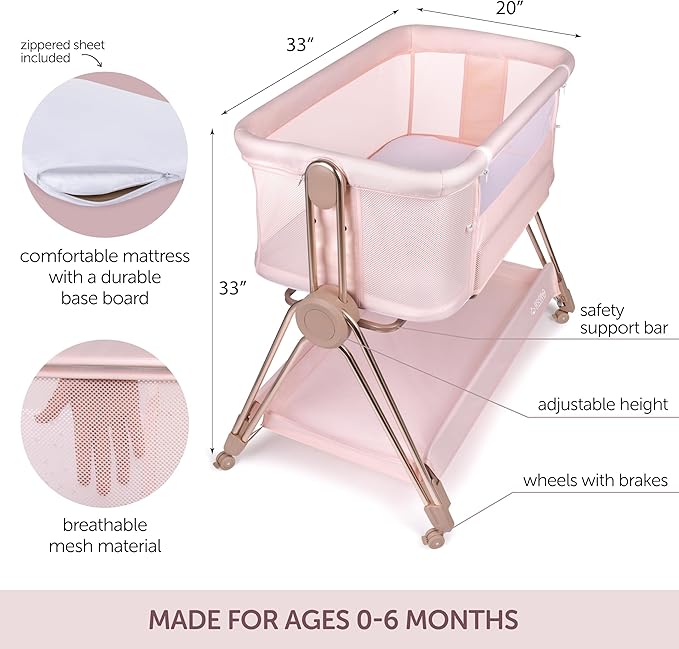 Baby Bedside Sleeper - Bassinet & Bedside Crib with Height Adjustment & Wheels - Can Be Placed Next to Bed - Attaches to Parents Bed - Easy to Fold & Carry Bassinet for Girls (Pink)-Ruum Studio Home