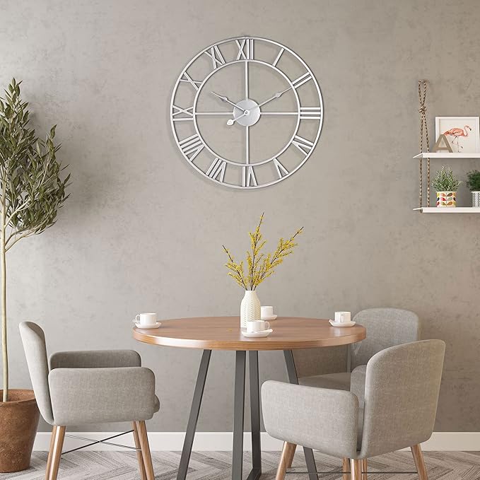 LEIKE 16" Modern Large Wall Clocks,Vintage, Round,Silent Non Ticking,Battery Operated,Silver Metal Roman Numerals Clock for Living Room/Bedroom/Kitchen Decor-Ruum Studio Home