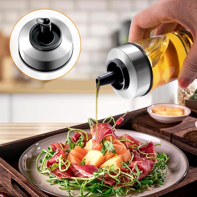Mlici Oil and Vinegar Dispenser Set of 6 Bottles, Stainless Steel Salt Pepper Holder with 360° Rotating Holder, Cruet Soy Sauce - Premium Glass Condiment for Kitchen, Tabletop, Kitchen Containers-Ruum Studio Home