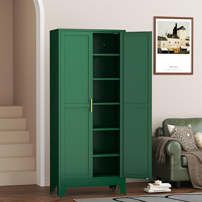 Metal Pantry Cabinet with 2 Doors and 5 Adjustable Shelves, 75" Kitchen Storage Cabinet with Gold Handles, Versatile Storage for Laundry, Living, Bathroom, Dining, Utility Room - Green-Ruum Studio Home