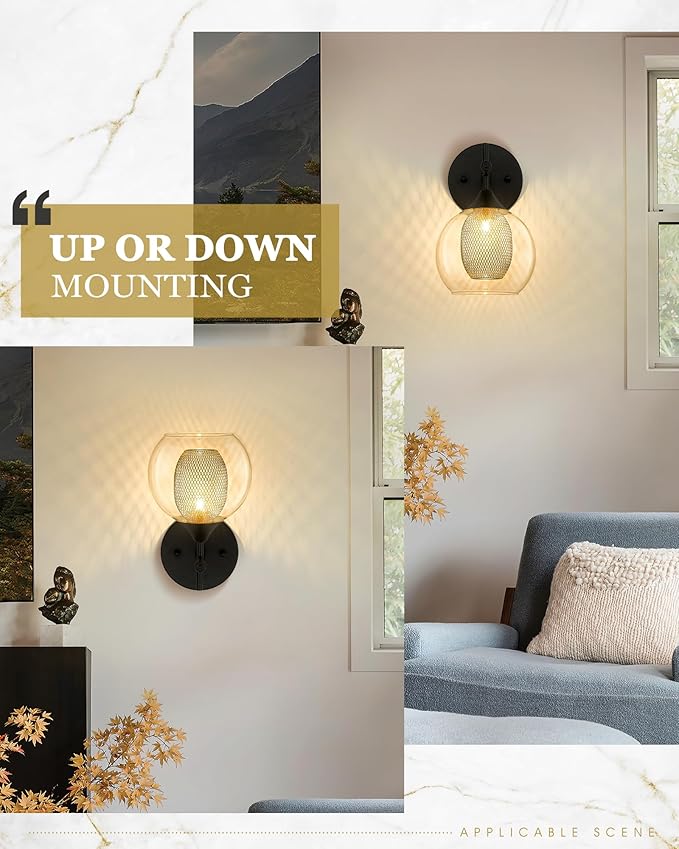 Black Wall Sconce Set of 2, Bathroom Vanity Light Fixture with Clear Glass and Honeycomb Metal Shade, Sconces Wall Lighting for Mirror Bedroom Hallway, AD-22001-1W2-BK-Ruum Studio Home