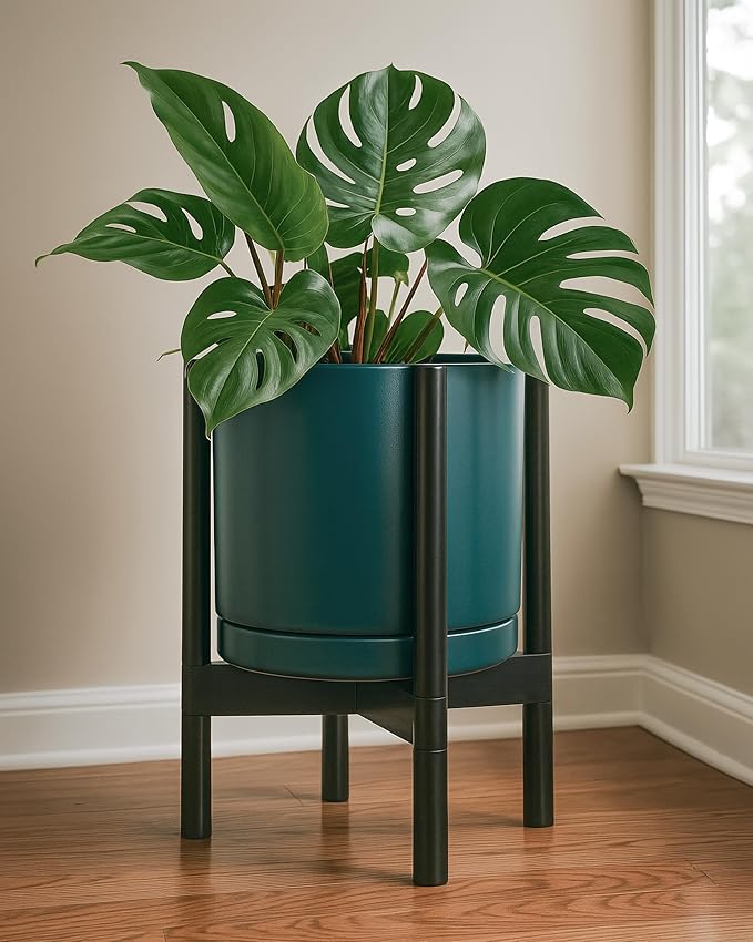 D'vine Dev Ceramic Planter with Ebony Stand - 12 Inch Modern Round Flower Pot with Wood Planter Holder, Teal, 55-B-H-4-Ruum Studio Home