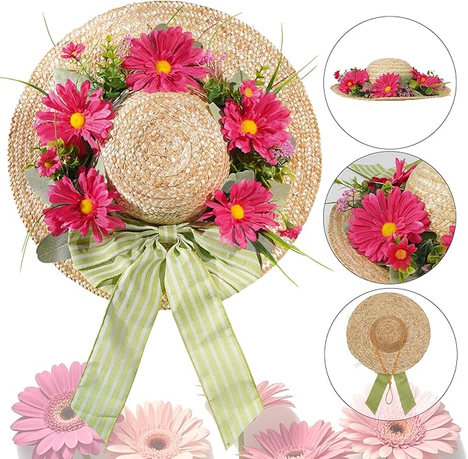 Dilicoming Spring Wreaths for Front Door - 16 Inch Spring Summer Hat Wreath with Artificial Flower, Gift for Women, Indoor Outdoor Wreaths for Wall, Window, Farmhouse, Party, Holiday Home Décor-Ruum Studio Home
