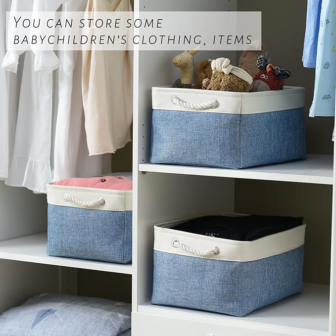TcaFmac Storage Basket for Organizing - Large 4 Pack Fabric Storage Bins Baskets for Shelves with Ropes, Foldable Storage Cubes for Closet Cloth Toy (White & Blue16x12x8 inch)-Ruum Studio Home