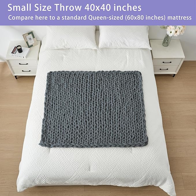 Bigacogo Chunky Knit Throw Blanket for Couch, 40x40 inches, 100% Hand Knitted with Thick Jumbo Chenille Yarn, Cozy Soft Large Rope Knot Cable Crochet Blankets for Sofa Bed Living Room, Iron Gray-Ruum Studio Home