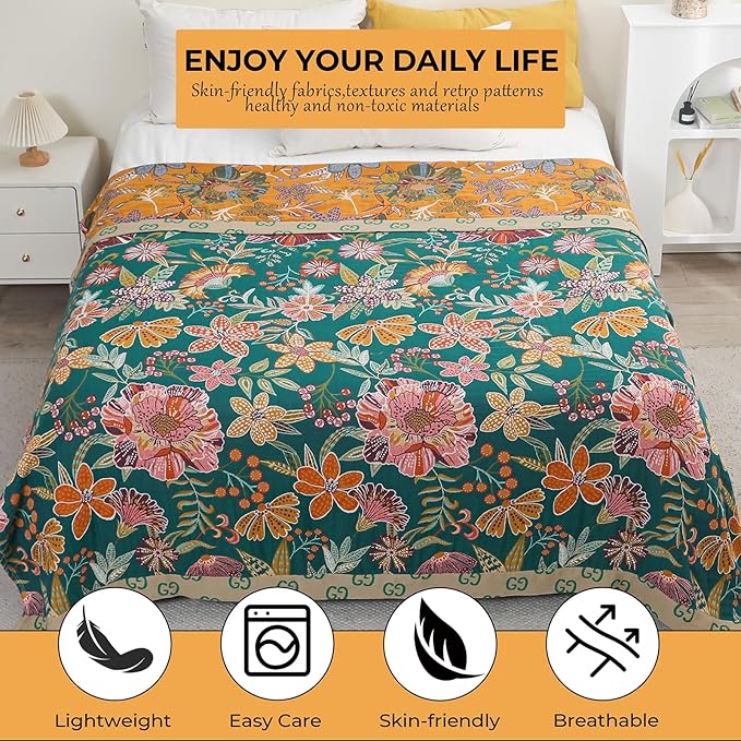 Fall Throw Blankets Reversible Luxurious Cotton Bed Throws with Vintage Bohemian Design & Yellow/Green Lightwight Floral Decor Blanket, Perfect as Bed Sofa Quilt 90" x 98"-Ruum Studio Home