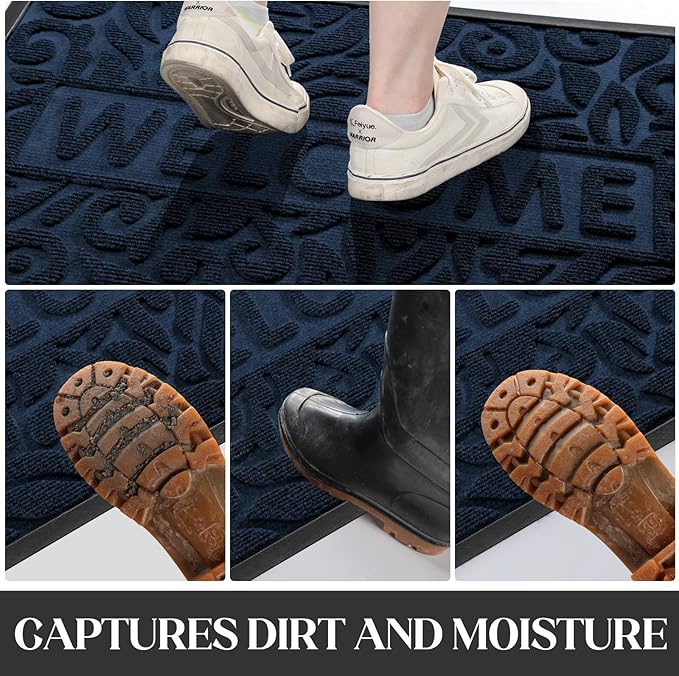 Yimobra Welcome Front Door Mat Outdoor, Heavy Duty Sturdy Non Slip Doormats, Rubber Backing, Low-Profile Entrance Rugs, Absorbent Resist Dirt, Easy Clean Patio Garage Floor Mats, 60X36 Inch, Blue-Ruum Studio Home