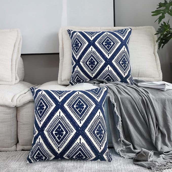 Alysheer Embroidered Decorative Throw Pillow Covers 18x18 inches Set of 2 Pieces, Boho Geometric Modern Chic Classic Pattern Cotton Cushion Cases for Sofa Couch Bed Living Room(Navy Blue)-Ruum Studio Home
